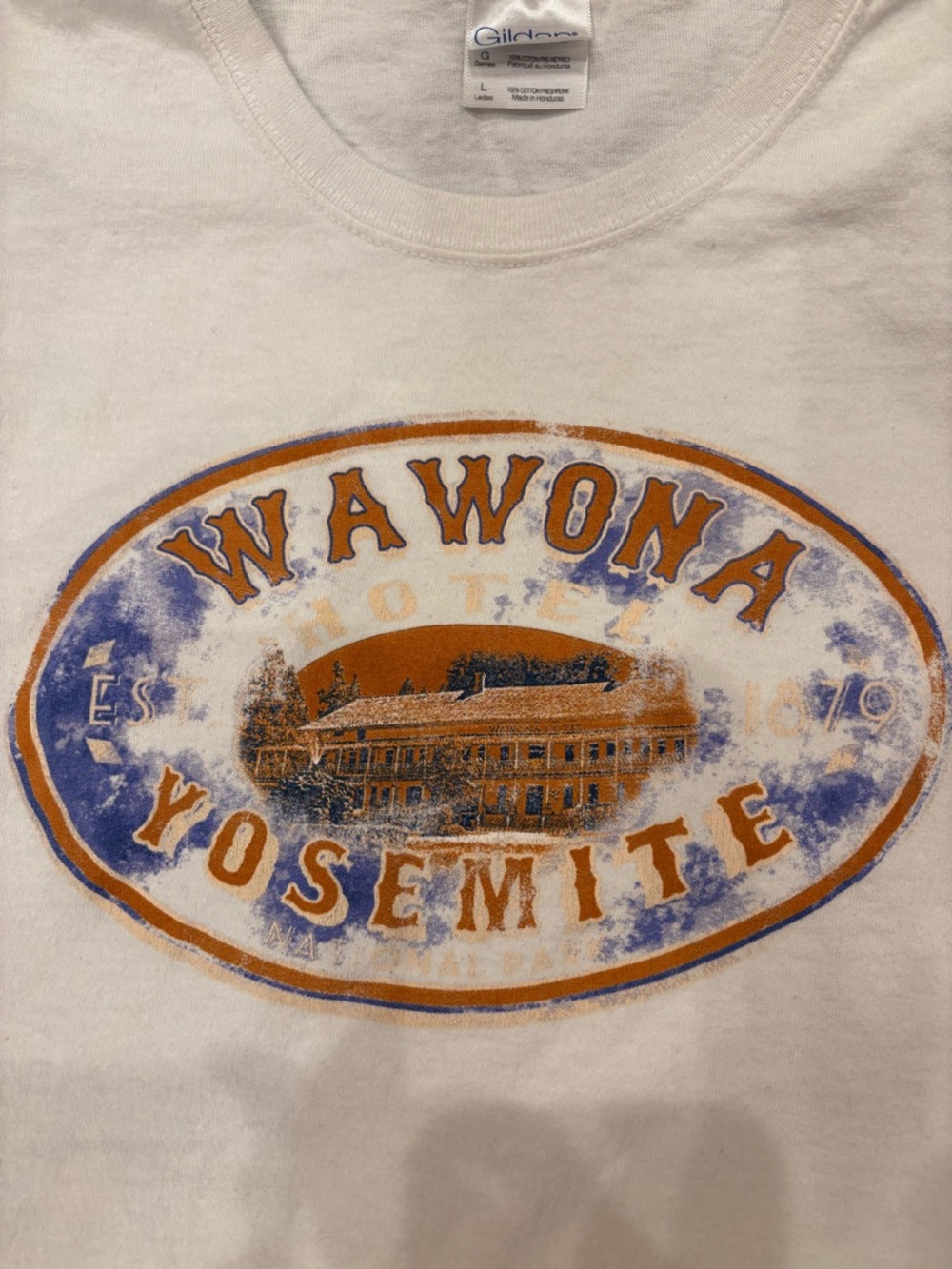 Vintage Gildan White Tee with Orange & Blue Wawona Yosemite Graphic